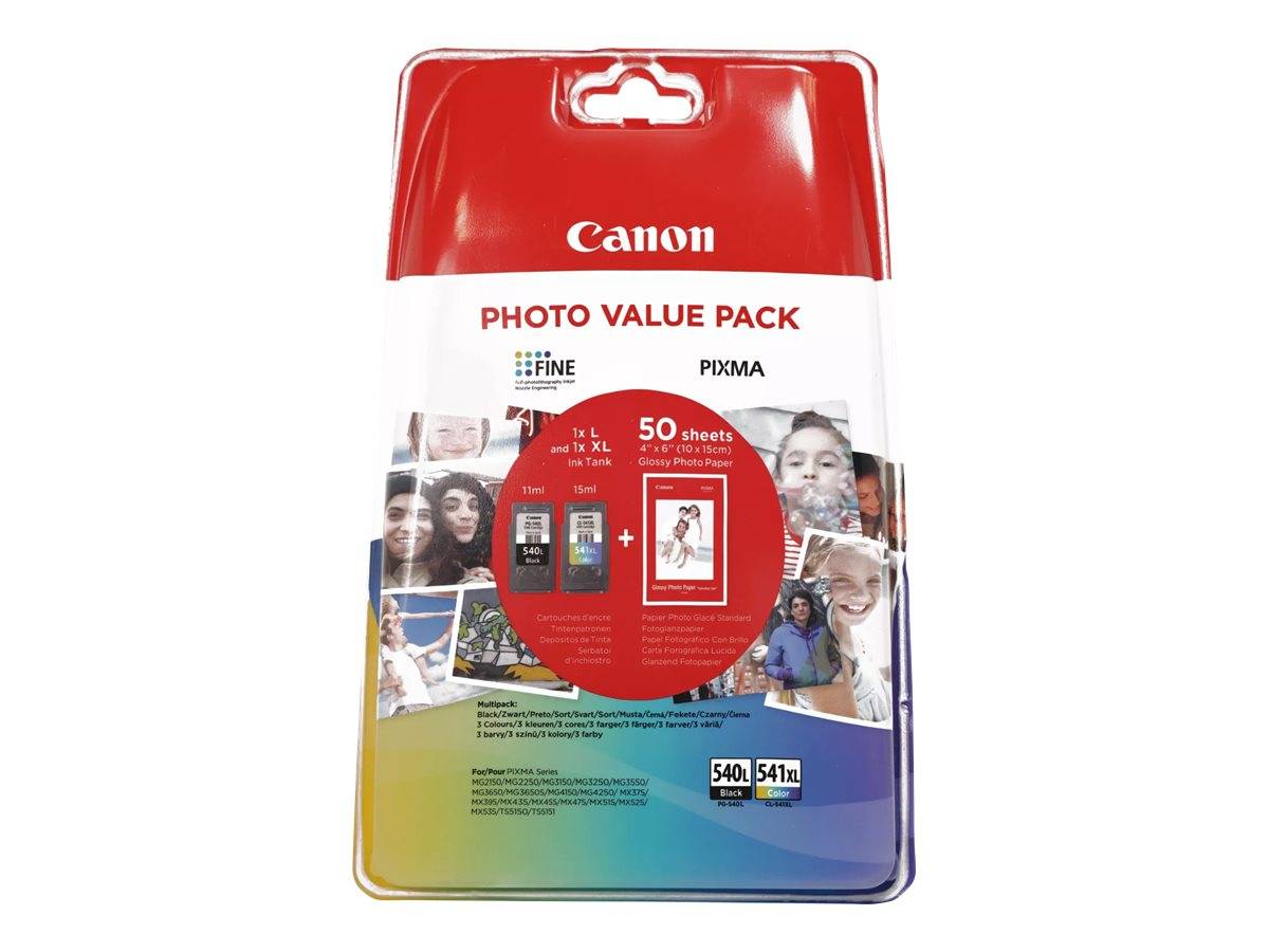 Canon PG-540L/CL-541XL Photo Value Pack Glossy - 2-pack - High Yield - black, colour (cyan, magenta, yellow) - original - blister - ink tank / paper kit - for PIXMA MG3150, MG3550, MG3650, MG4250, MX395, MX455, MX475, MX525, MX535, TS5150, TS5151